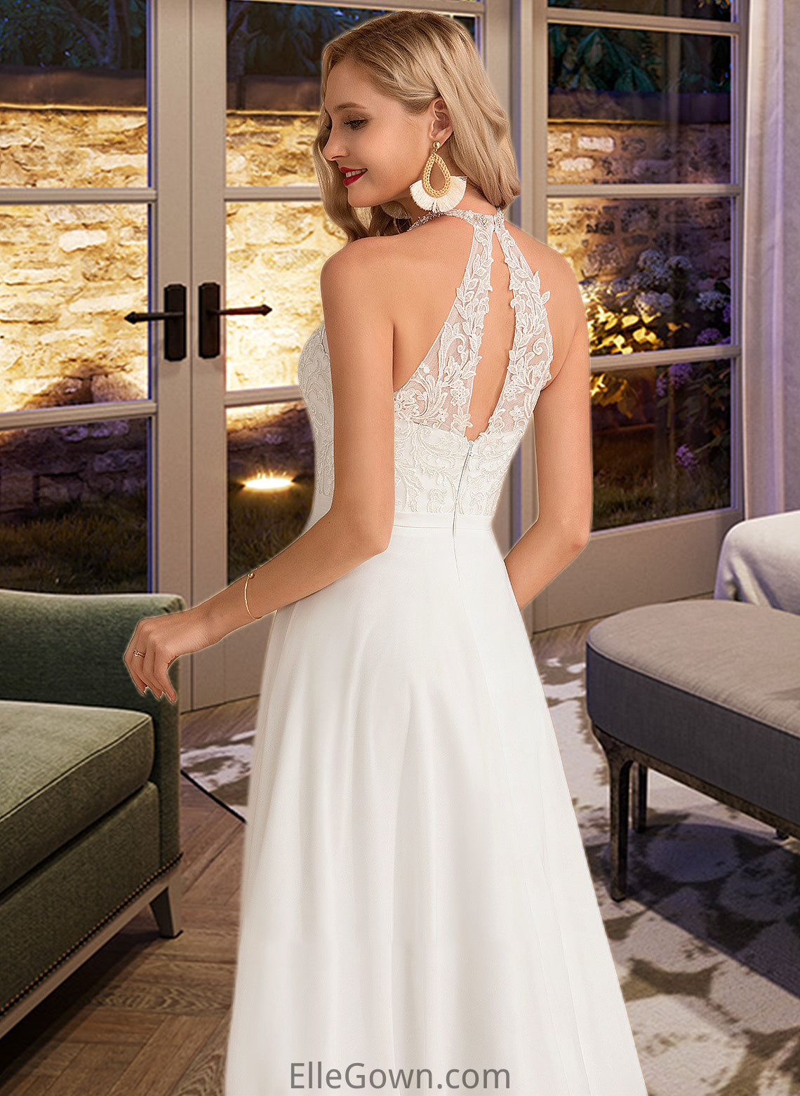 Helen A-Line High Neck Floor-Length Chiffon Wedding Dress DEP0013702