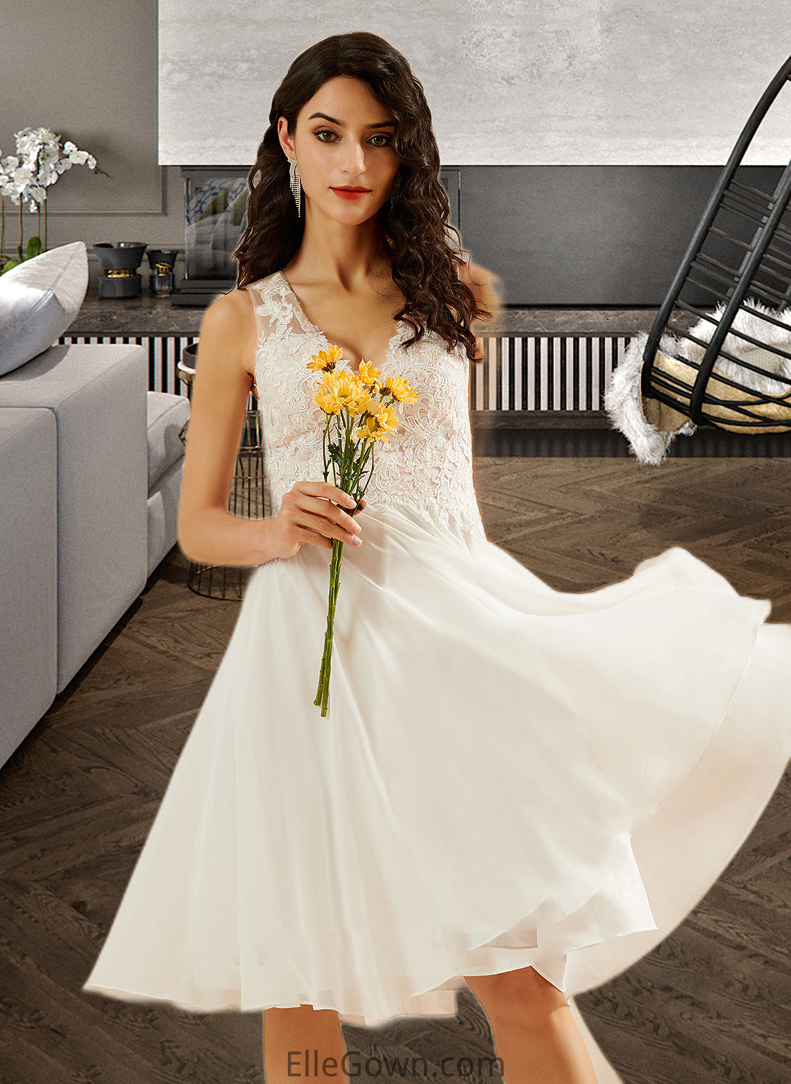 Christine A-Line V-neck Knee-Length Wedding Dress With Lace Sequins DEP0013703