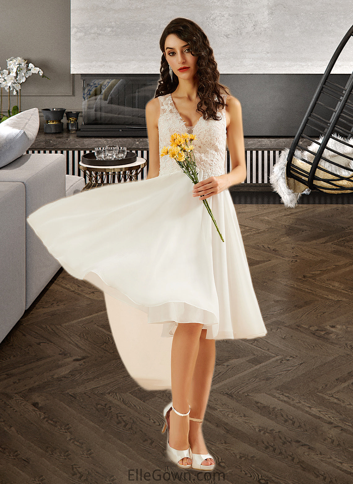 Christine A-Line V-neck Knee-Length Wedding Dress With Lace Sequins DEP0013703