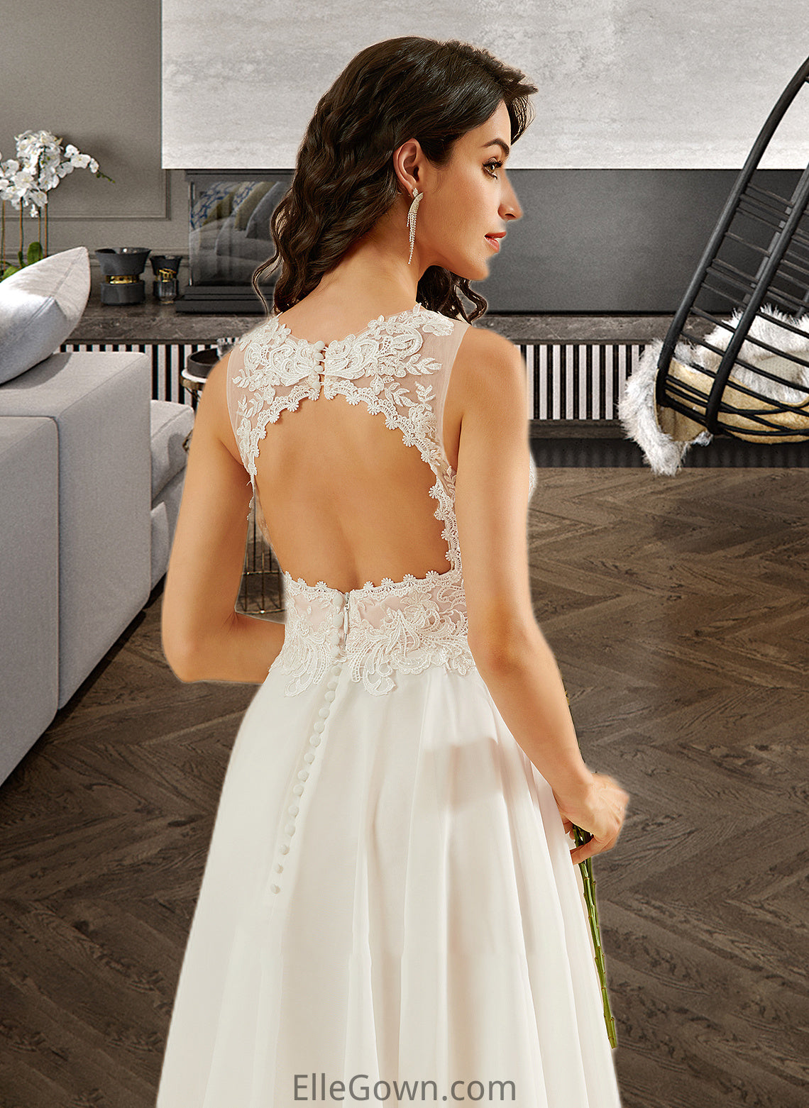 Christine A-Line V-neck Knee-Length Wedding Dress With Lace Sequins DEP0013703