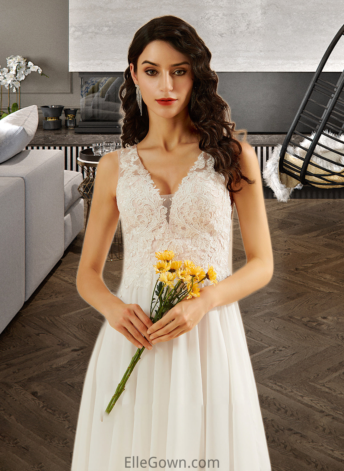 Christine A-Line V-neck Knee-Length Wedding Dress With Lace Sequins DEP0013703