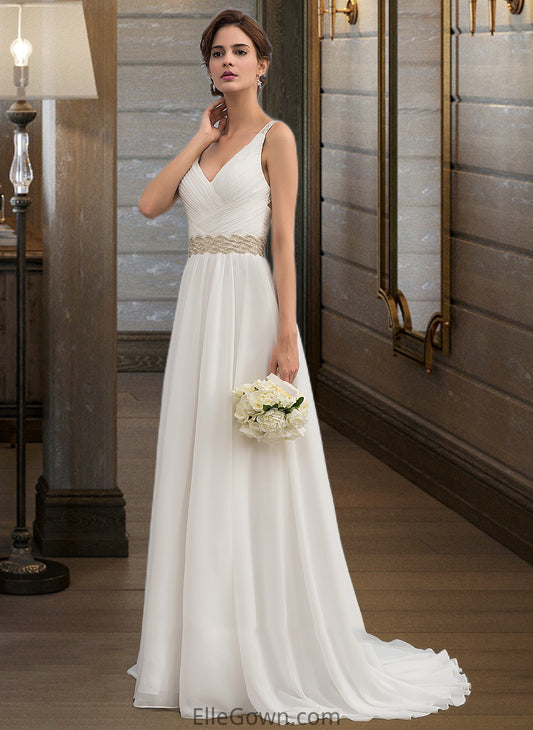 Karsyn A-Line V-neck Sweep Train Chiffon Wedding Dress With Ruffle Lace Beading Sequins DEP0013705