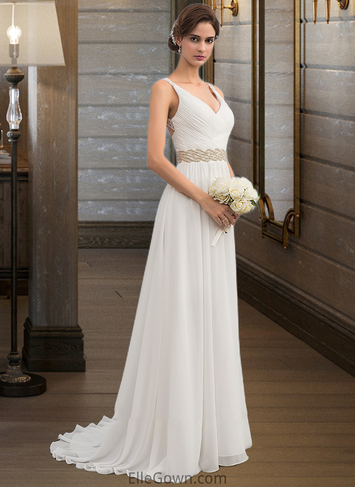 Karsyn A-Line V-neck Sweep Train Chiffon Wedding Dress With Ruffle Lace Beading Sequins DEP0013705