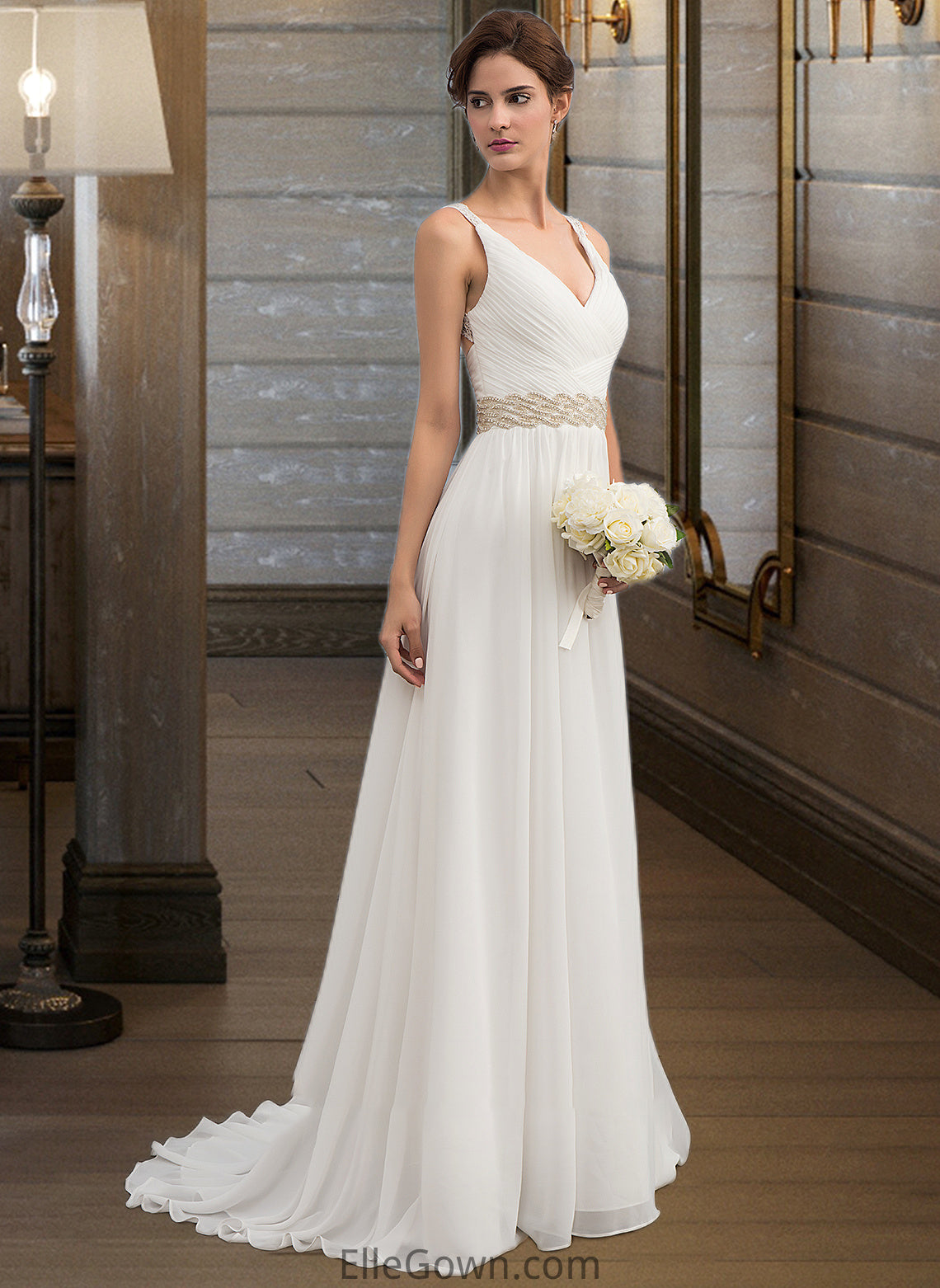 Karsyn A-Line V-neck Sweep Train Chiffon Wedding Dress With Ruffle Lace Beading Sequins DEP0013705