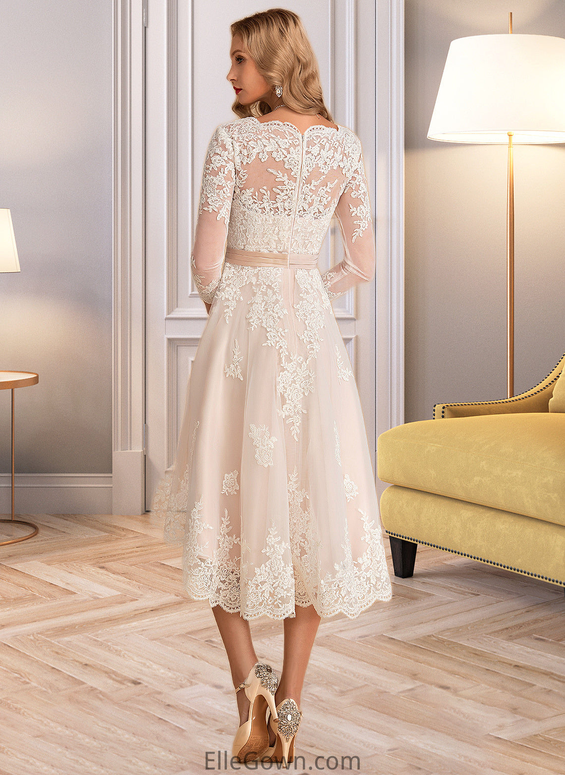 Dayami A-Line V-neck Asymmetrical Satin Tulle Lace Wedding Dress DEP0013706