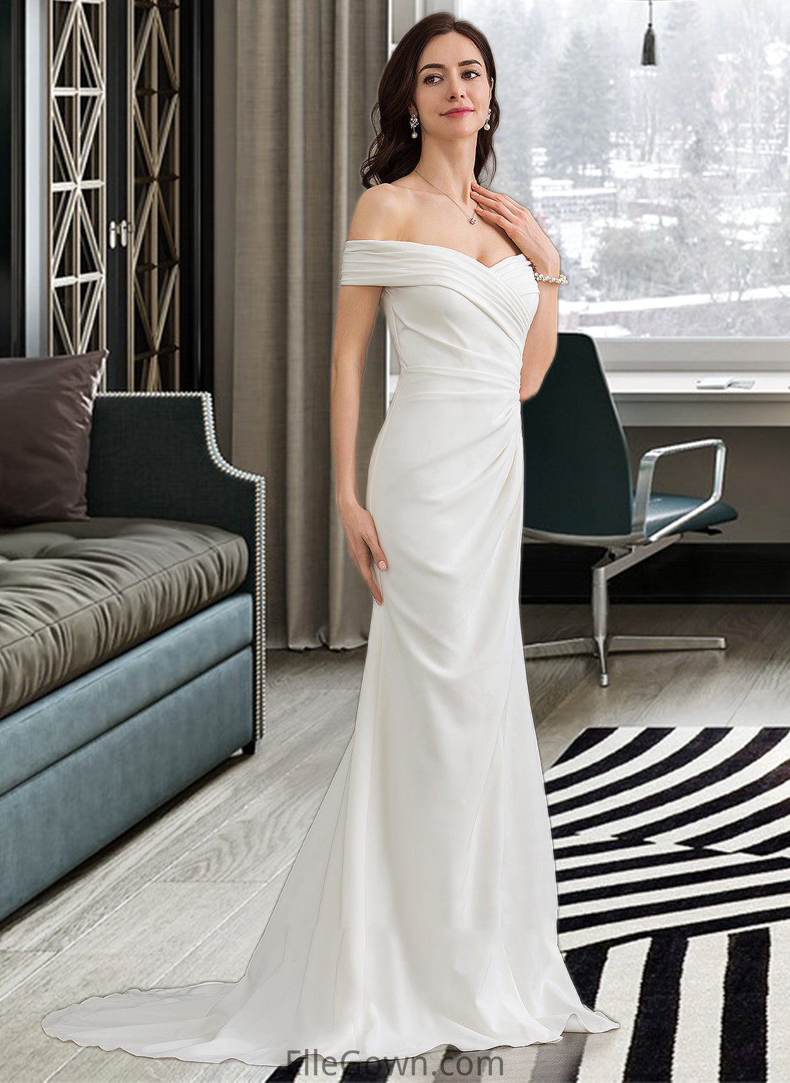 Carley Sheath/Column Off-the-Shoulder Sweep Train Stretch Crepe Wedding Dress With Ruffle Split Front DEP0013707