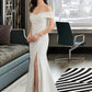 Carley Sheath/Column Off-the-Shoulder Sweep Train Stretch Crepe Wedding Dress With Ruffle Split Front DEP0013707