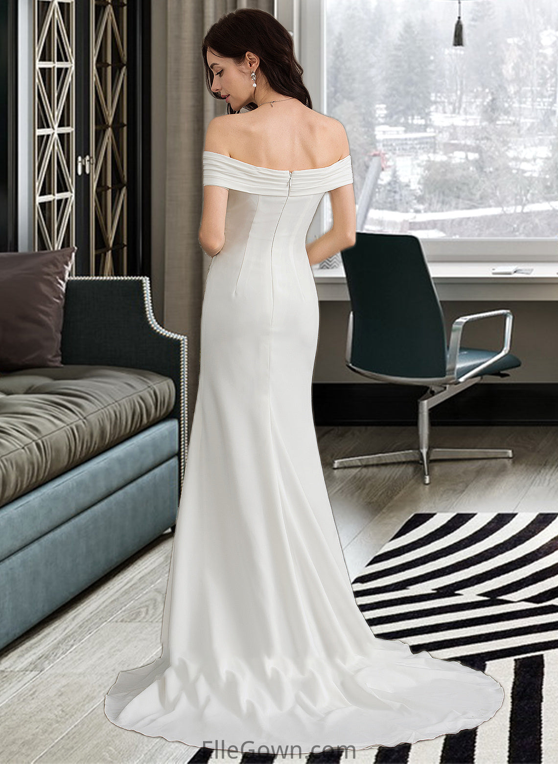 Carley Sheath/Column Off-the-Shoulder Sweep Train Stretch Crepe Wedding Dress With Ruffle Split Front DEP0013707