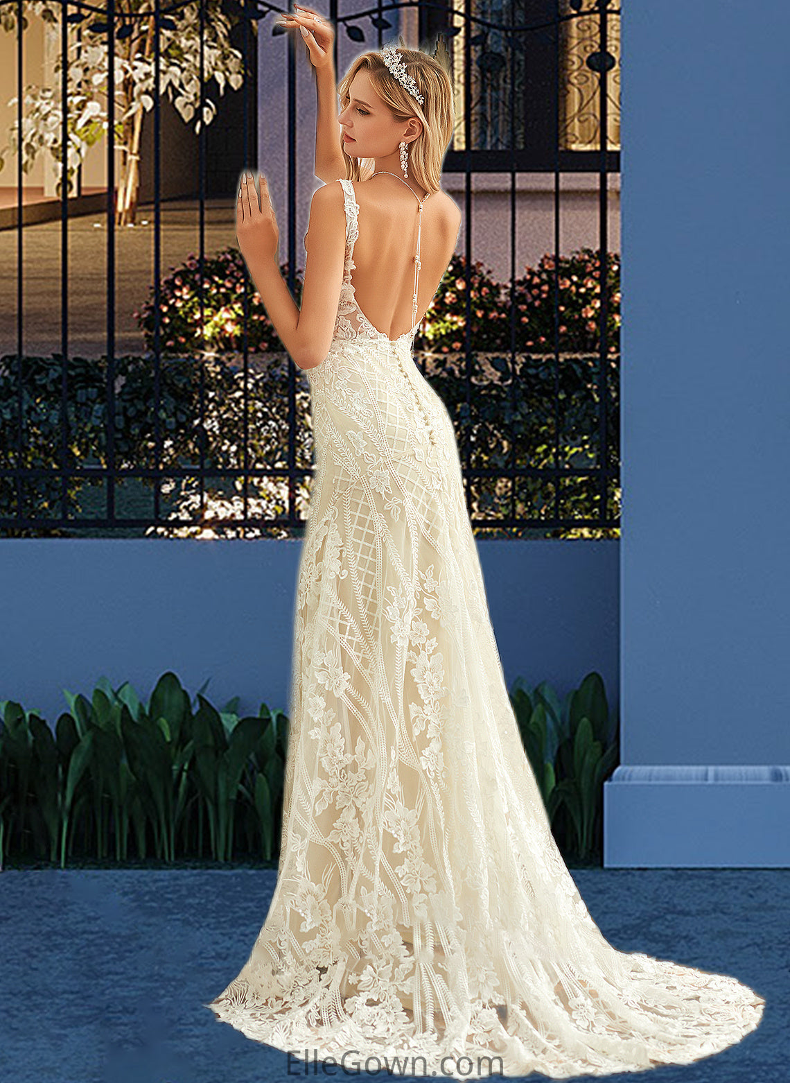 Deja Trumpet/Mermaid V-neck Court Train Tulle Lace Wedding Dress DEP0013708