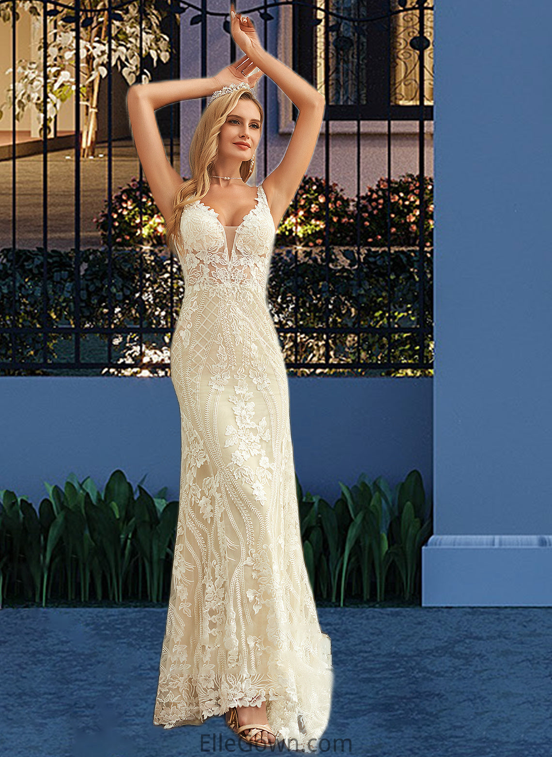 Deja Trumpet/Mermaid V-neck Court Train Tulle Lace Wedding Dress DEP0013708