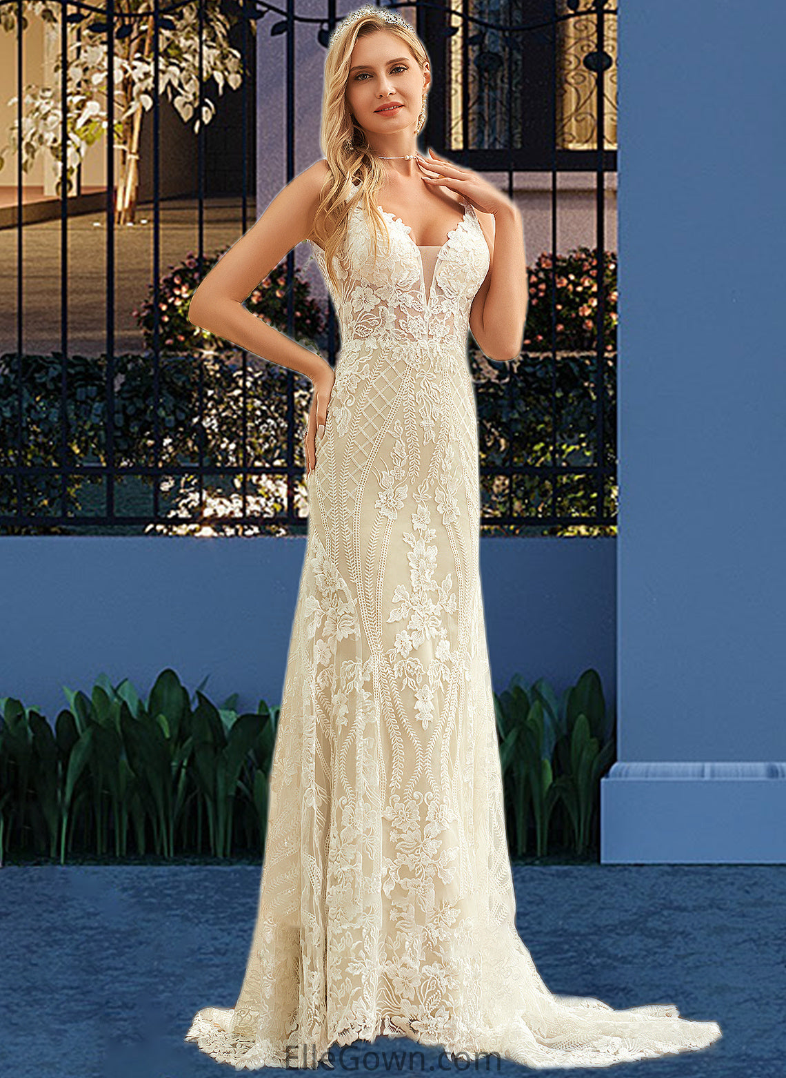 Deja Trumpet/Mermaid V-neck Court Train Tulle Lace Wedding Dress DEP0013708