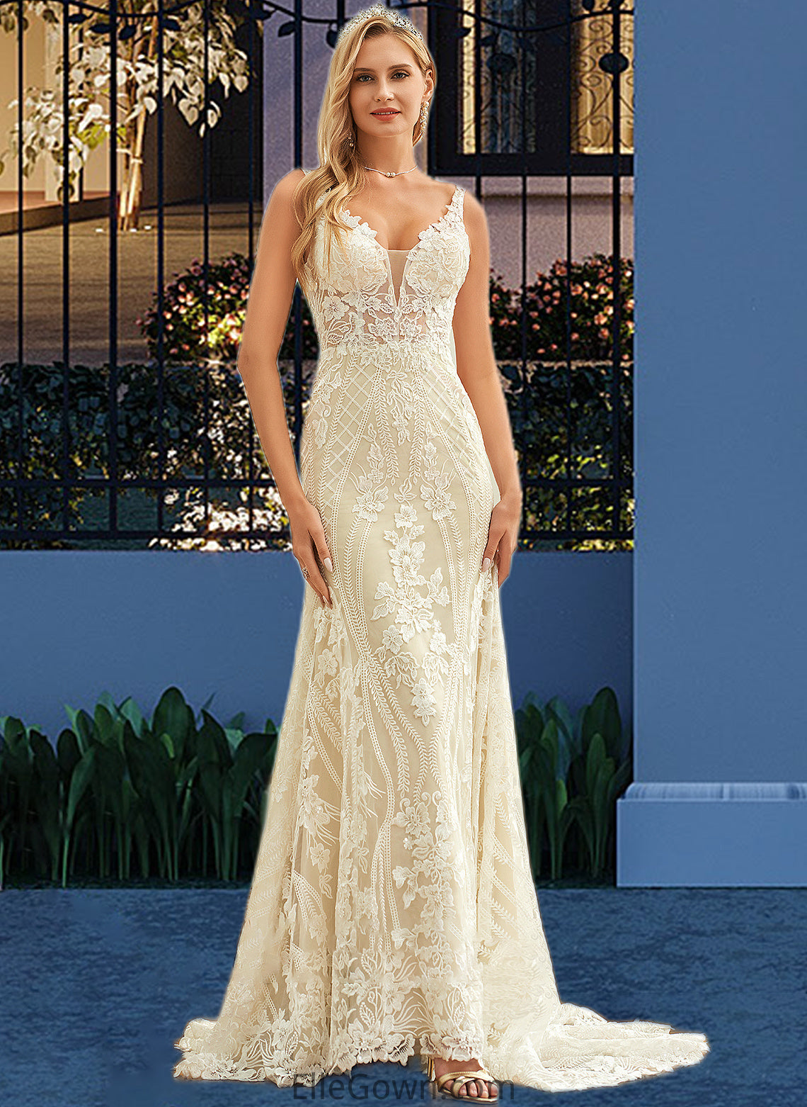 Deja Trumpet/Mermaid V-neck Court Train Tulle Lace Wedding Dress DEP0013708