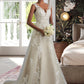 Madalynn A-Line V-neck Court Train Tulle Lace Wedding Dress With Beading Sequins DEP0013709