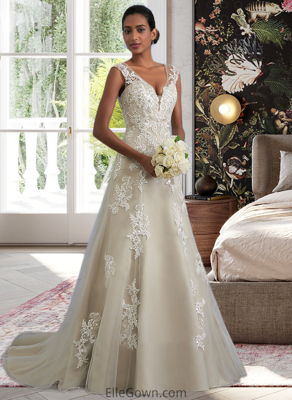 Madalynn A-Line V-neck Court Train Tulle Lace Wedding Dress With Beading Sequins DEP0013709