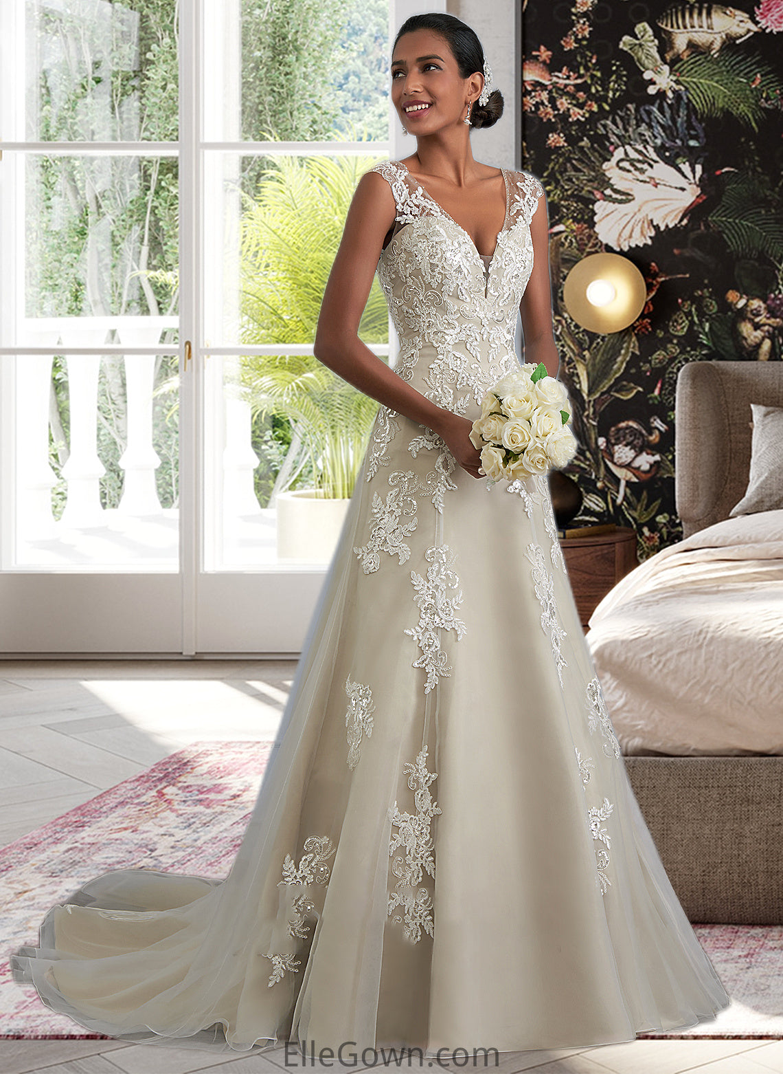 Madalynn A-Line V-neck Court Train Tulle Lace Wedding Dress With Beading Sequins DEP0013709