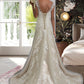 Madalynn A-Line V-neck Court Train Tulle Lace Wedding Dress With Beading Sequins DEP0013709