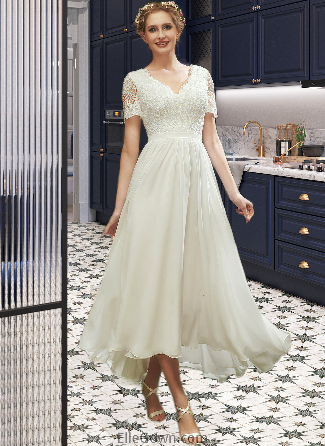 Roselyn A-Line V-neck Asymmetrical Wedding Dress With Lace DEP0013712