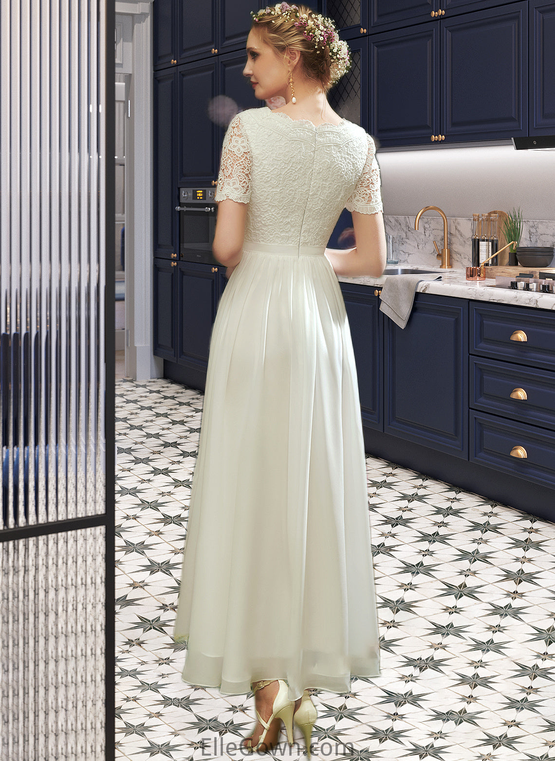 Roselyn A-Line V-neck Asymmetrical Wedding Dress With Lace DEP0013712