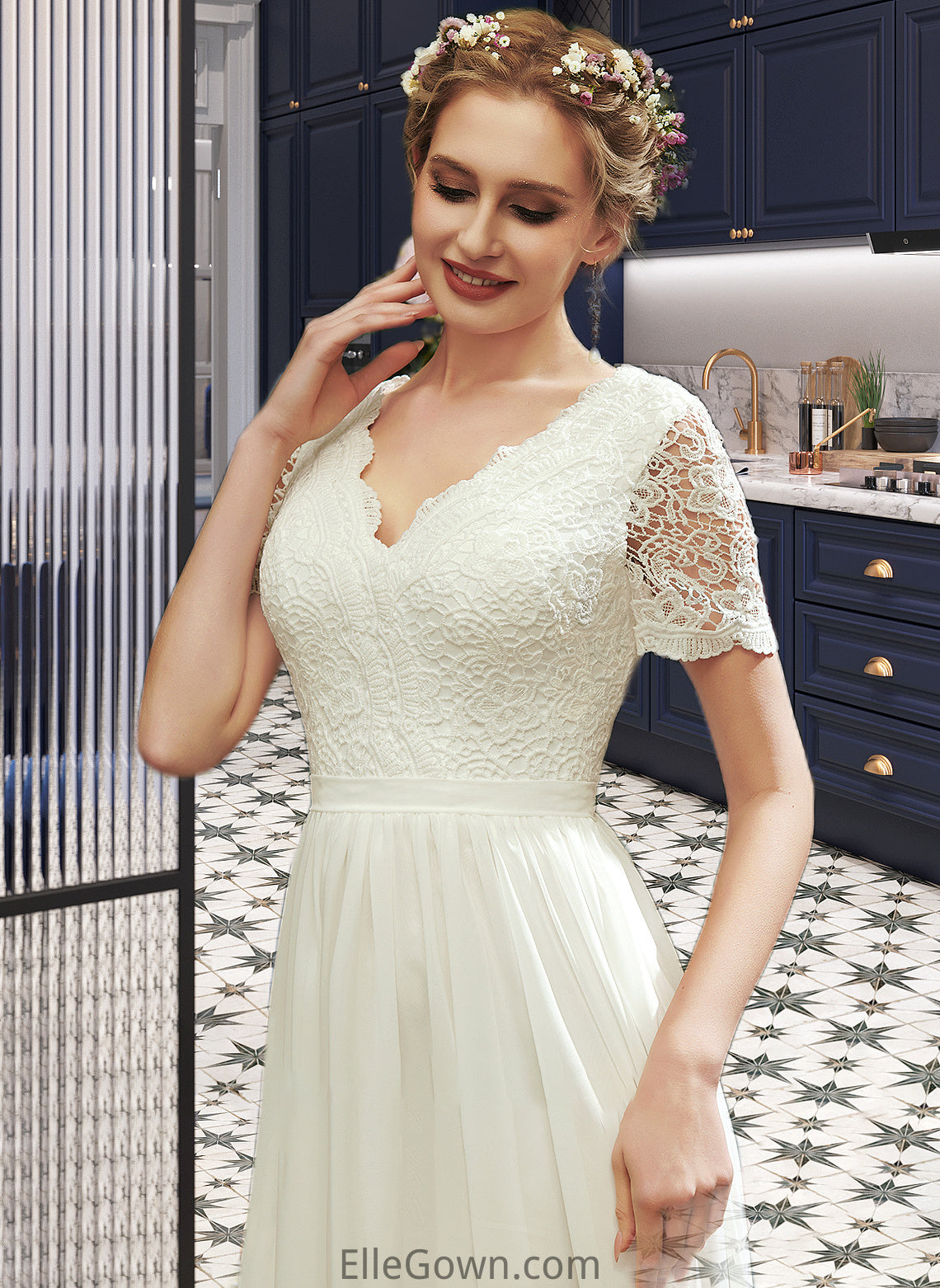 Roselyn A-Line V-neck Asymmetrical Wedding Dress With Lace DEP0013712