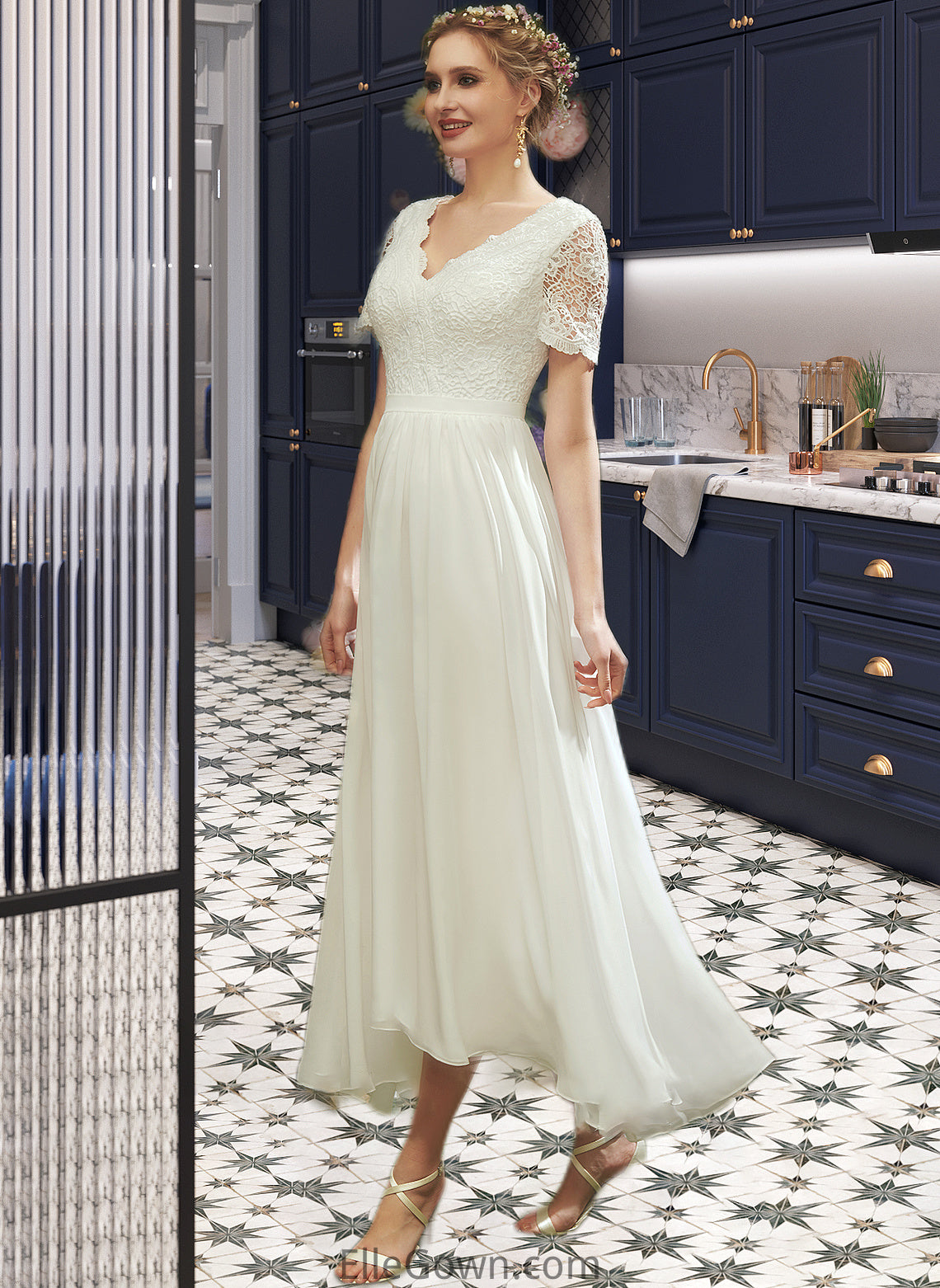 Roselyn A-Line V-neck Asymmetrical Wedding Dress With Lace DEP0013712