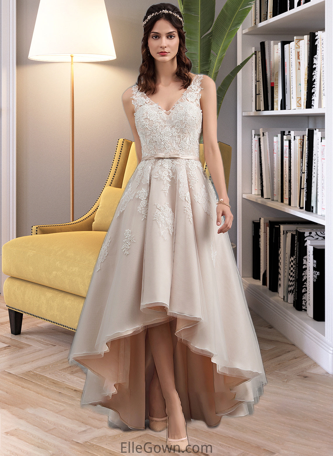 Haleigh A-Line V-neck Asymmetrical Tulle Lace Wedding Dress With Bow(s) DEP0013717