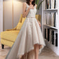 Haleigh A-Line V-neck Asymmetrical Tulle Lace Wedding Dress With Bow(s) DEP0013717