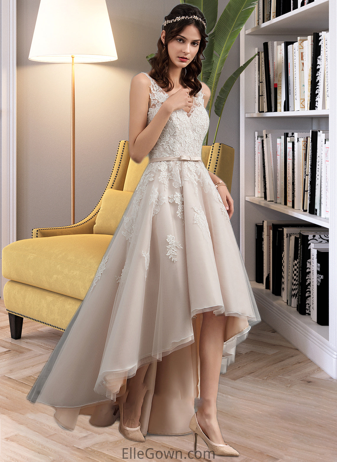 Haleigh A-Line V-neck Asymmetrical Tulle Lace Wedding Dress With Bow(s) DEP0013717