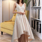 Haleigh A-Line V-neck Asymmetrical Tulle Lace Wedding Dress With Bow(s) DEP0013717