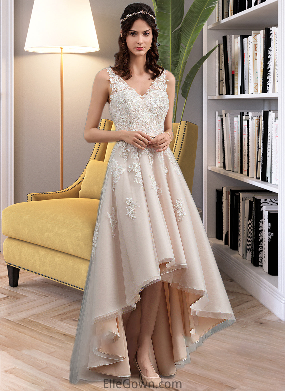 Haleigh A-Line V-neck Asymmetrical Tulle Lace Wedding Dress With Bow(s) DEP0013717