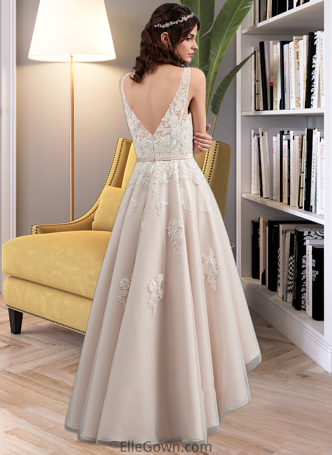 Haleigh A-Line V-neck Asymmetrical Tulle Lace Wedding Dress With Bow(s) DEP0013717