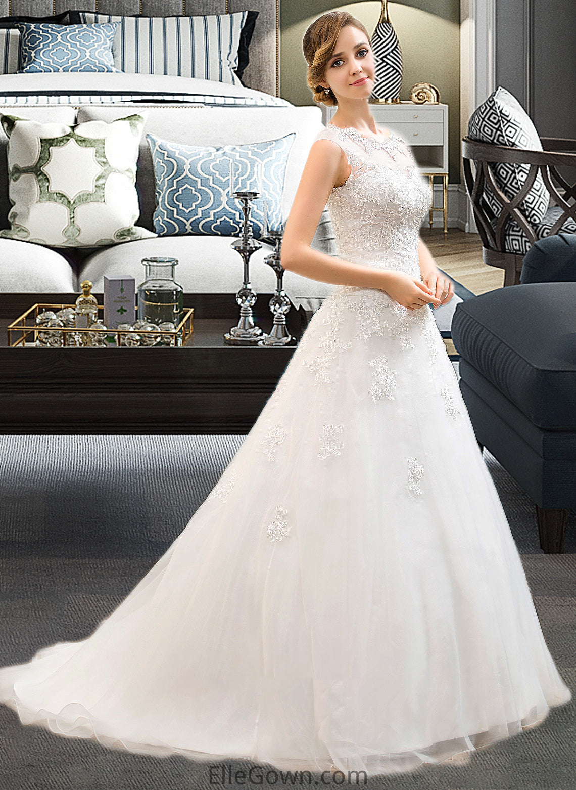 Angelina Ball-Gown/Princess Illusion Sweep Train Organza Tulle Wedding Dress With Beading Sequins DEP0013719