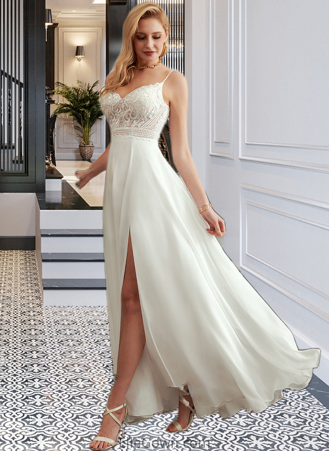 Chloe A-Line V-neck Floor-Length Wedding Dress With Split Front DEP0013721