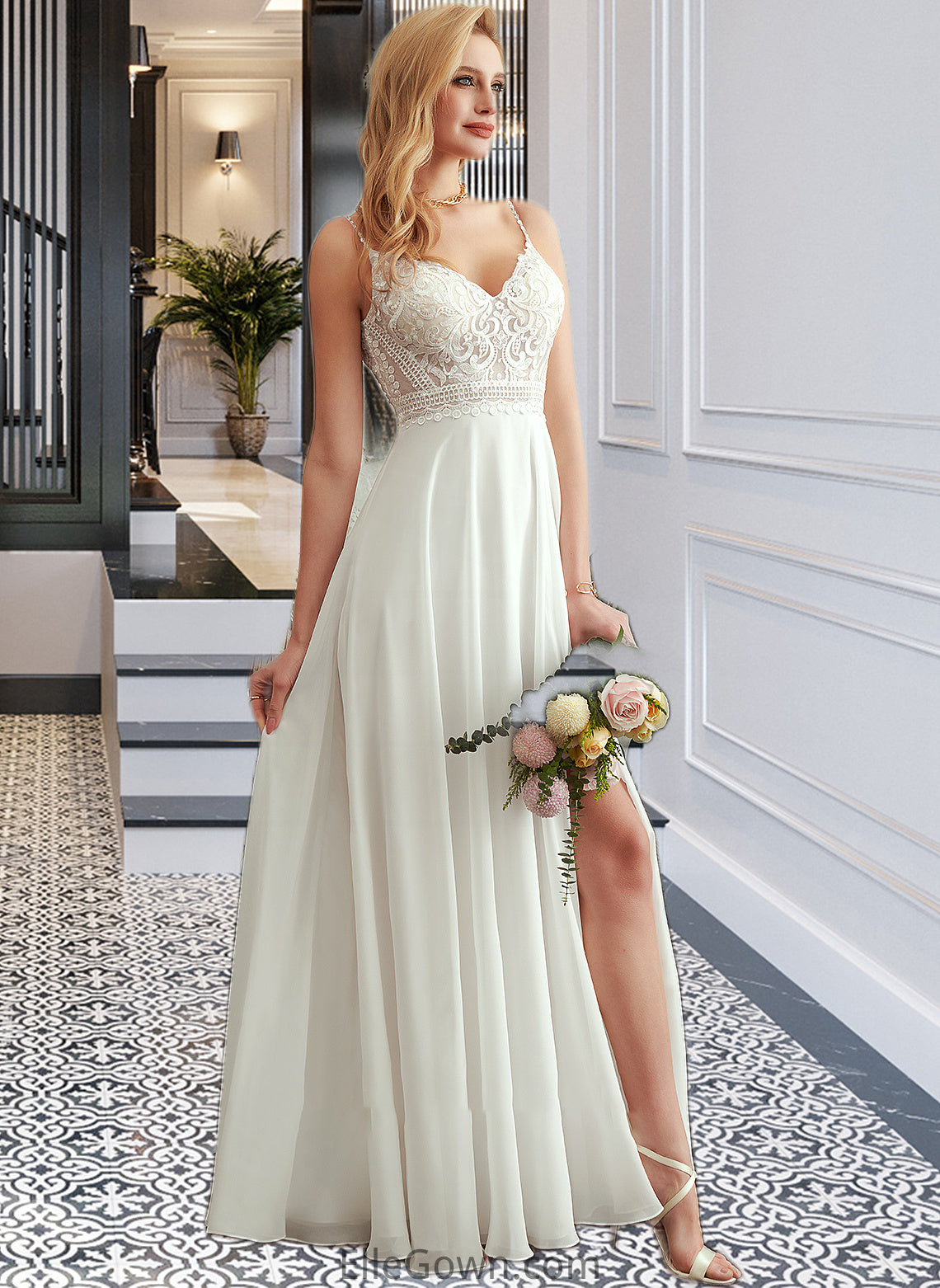 Chloe A-Line V-neck Floor-Length Wedding Dress With Split Front DEP0013721