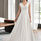 Savannah A-Line V-neck Floor-Length Chiffon Lace Wedding Dress With Ruffle DEP0013729