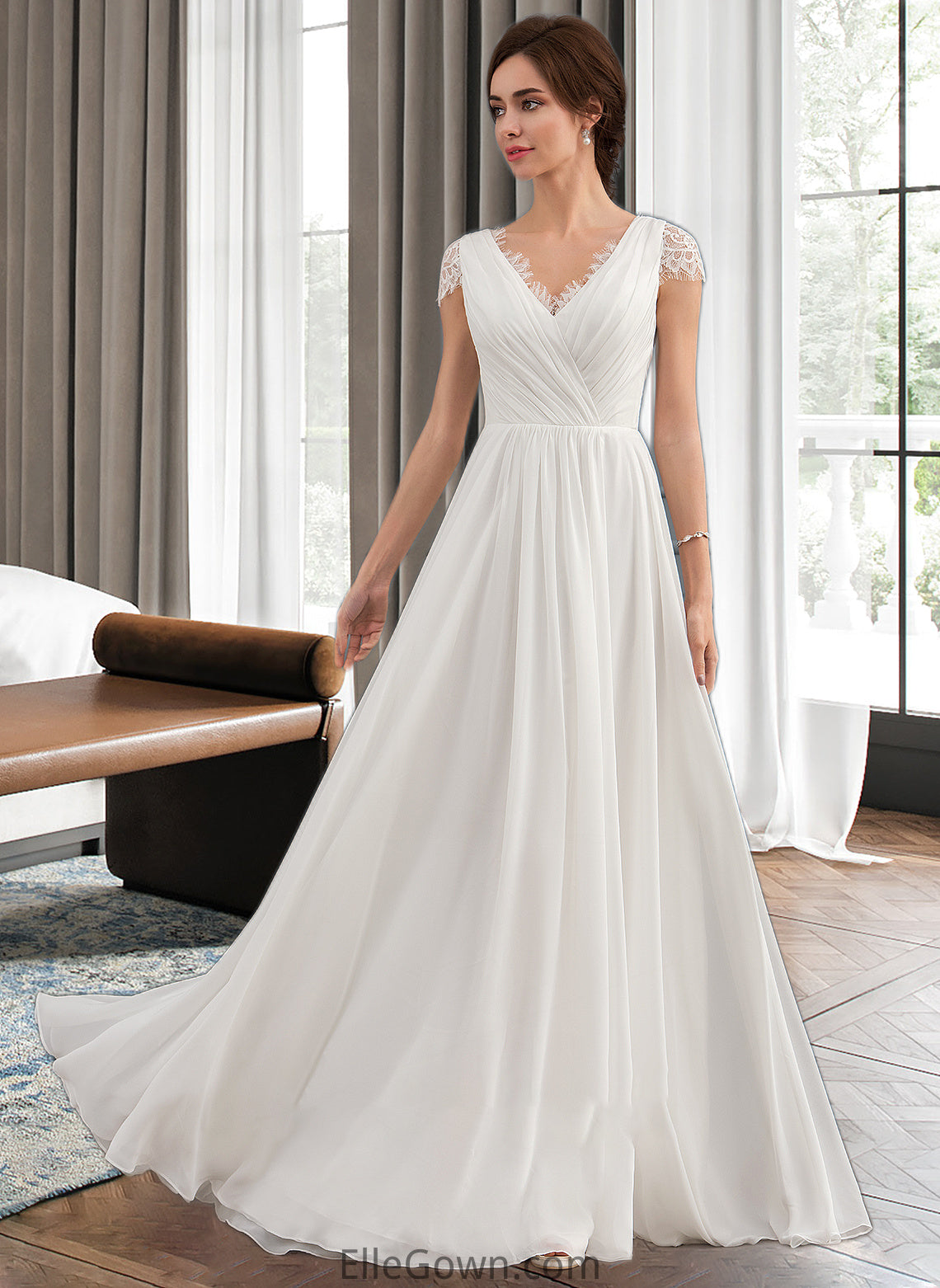 Savannah A-Line V-neck Floor-Length Chiffon Lace Wedding Dress With Ruffle DEP0013729