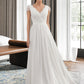 Savannah A-Line V-neck Floor-Length Chiffon Lace Wedding Dress With Ruffle DEP0013729