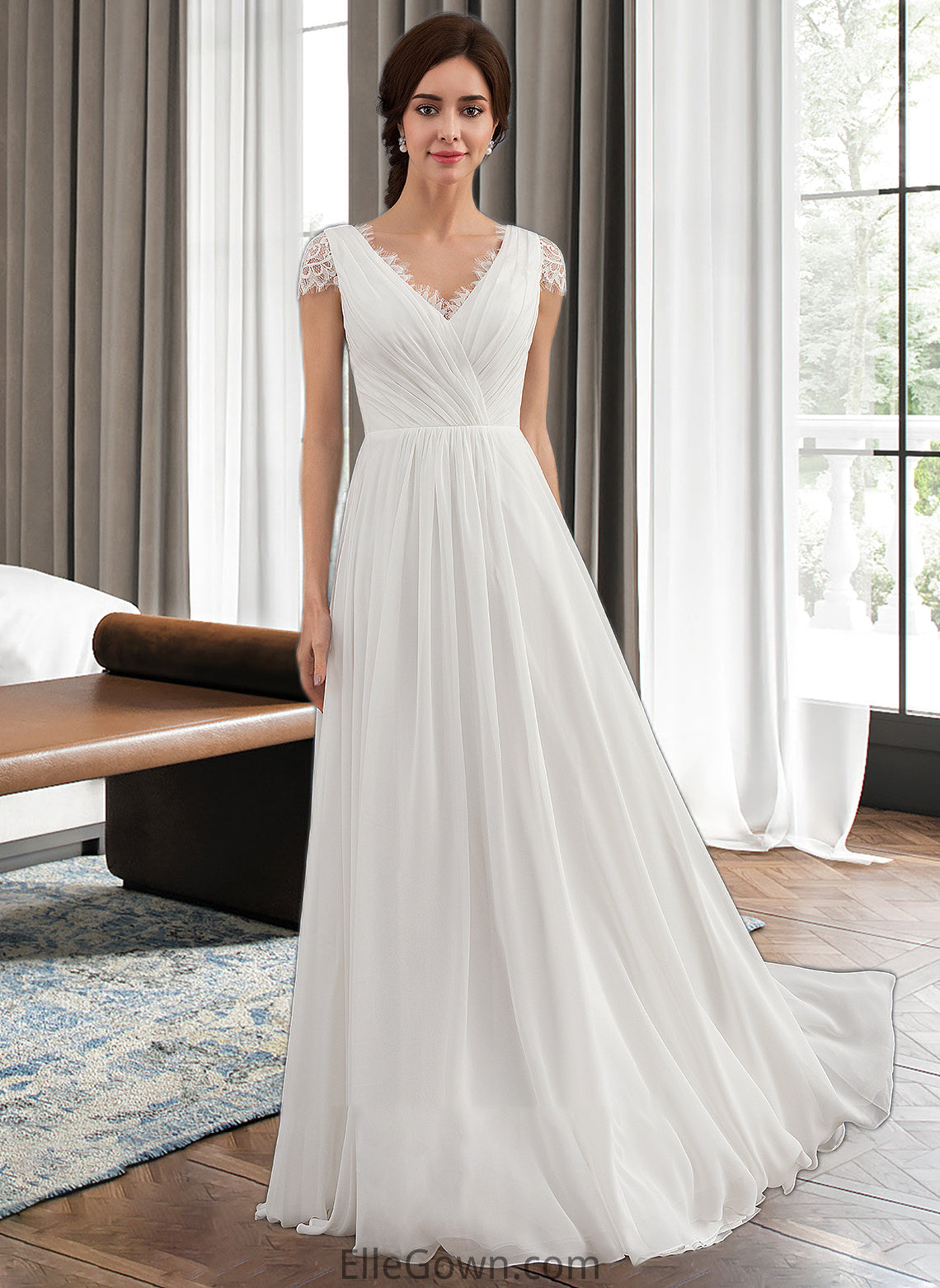 Savannah A-Line V-neck Floor-Length Chiffon Lace Wedding Dress With Ruffle DEP0013729