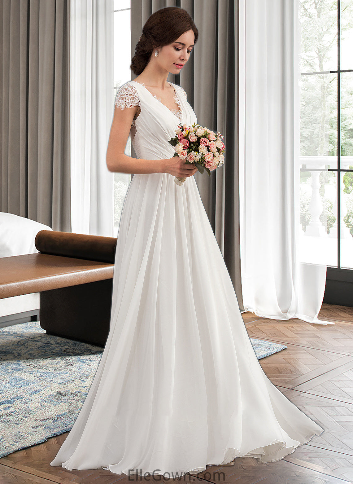 Savannah A-Line V-neck Floor-Length Chiffon Lace Wedding Dress With Ruffle DEP0013729