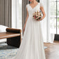 Savannah A-Line V-neck Floor-Length Chiffon Lace Wedding Dress With Ruffle DEP0013729