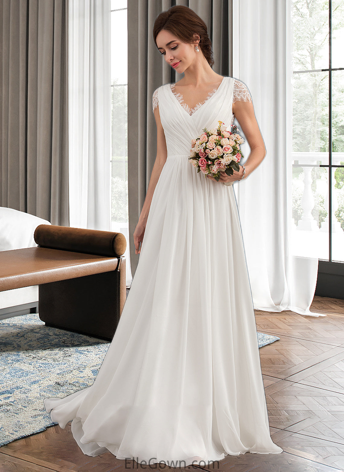 Savannah A-Line V-neck Floor-Length Chiffon Lace Wedding Dress With Ruffle DEP0013729