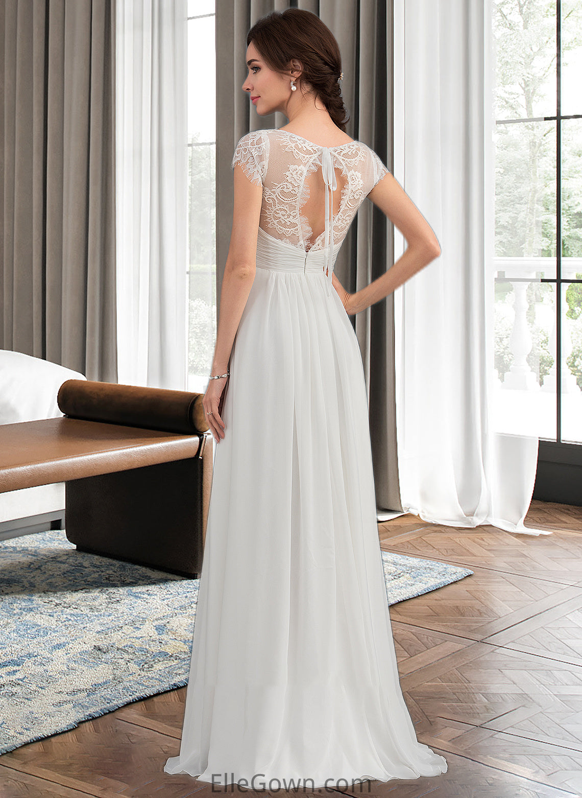 Savannah A-Line V-neck Floor-Length Chiffon Lace Wedding Dress With Ruffle DEP0013729