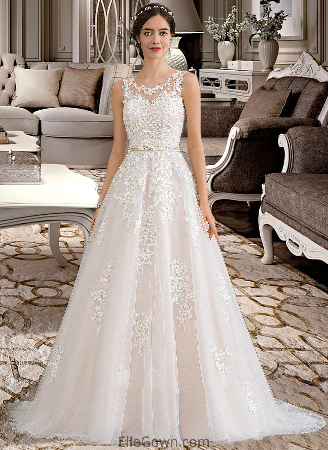 Denise Ball-Gown/Princess Scoop Neck Court Train Tulle Wedding Dress With Beading Sequins DEP0013730