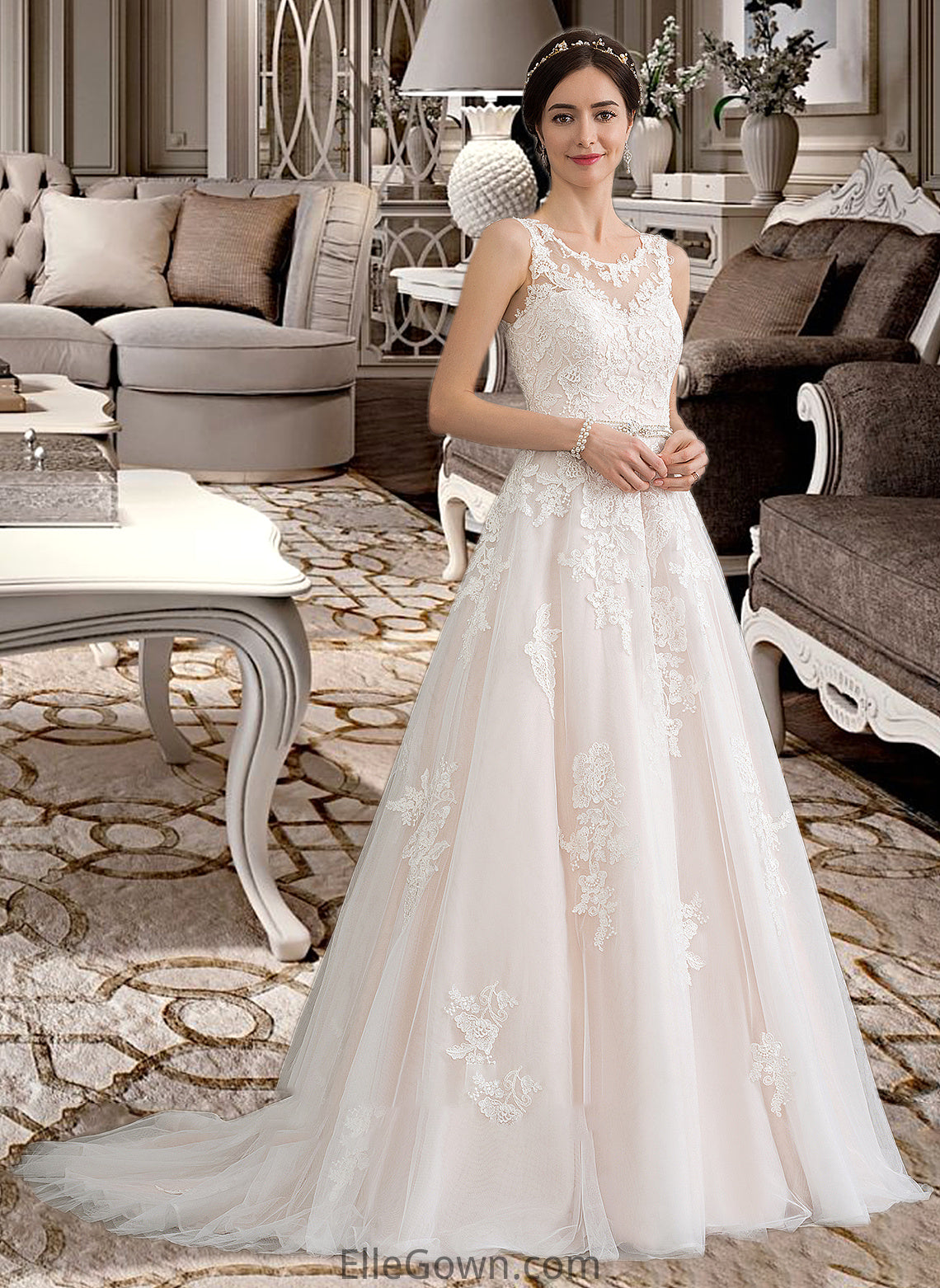 Denise Ball-Gown/Princess Scoop Neck Court Train Tulle Wedding Dress With Beading Sequins DEP0013730