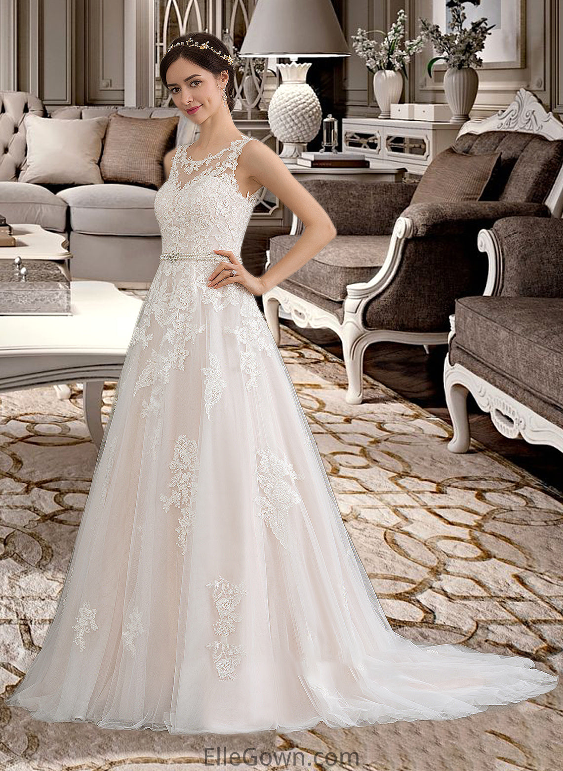 Denise Ball-Gown/Princess Scoop Neck Court Train Tulle Wedding Dress With Beading Sequins DEP0013730