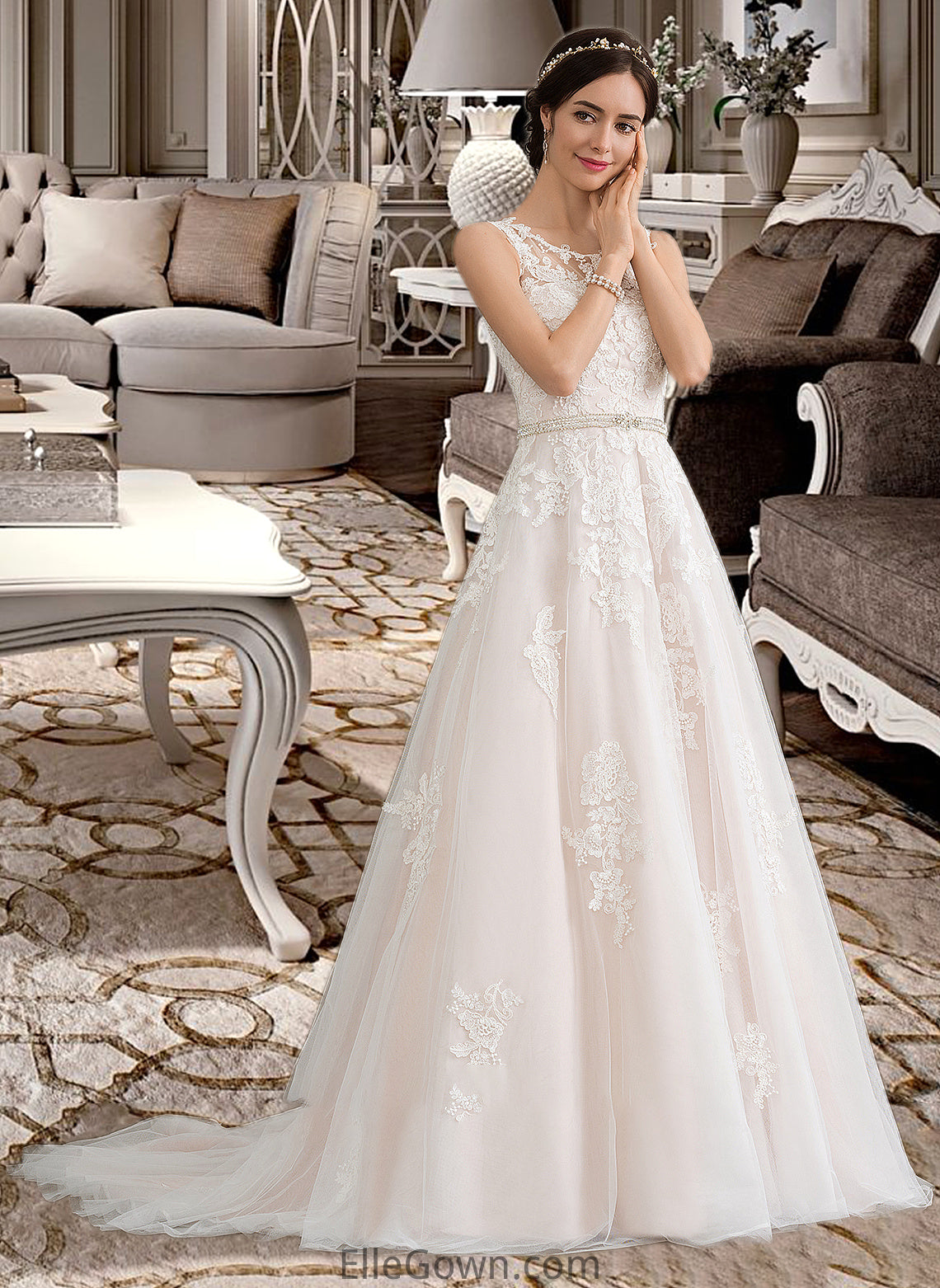 Denise Ball-Gown/Princess Scoop Neck Court Train Tulle Wedding Dress With Beading Sequins DEP0013730