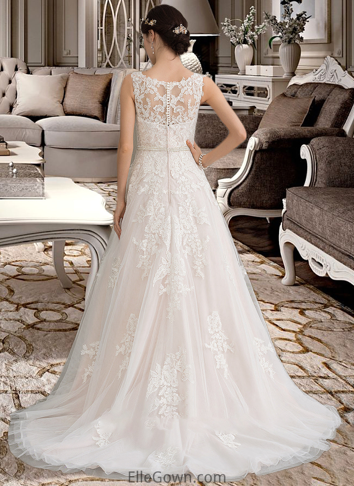 Denise Ball-Gown/Princess Scoop Neck Court Train Tulle Wedding Dress With Beading Sequins DEP0013730