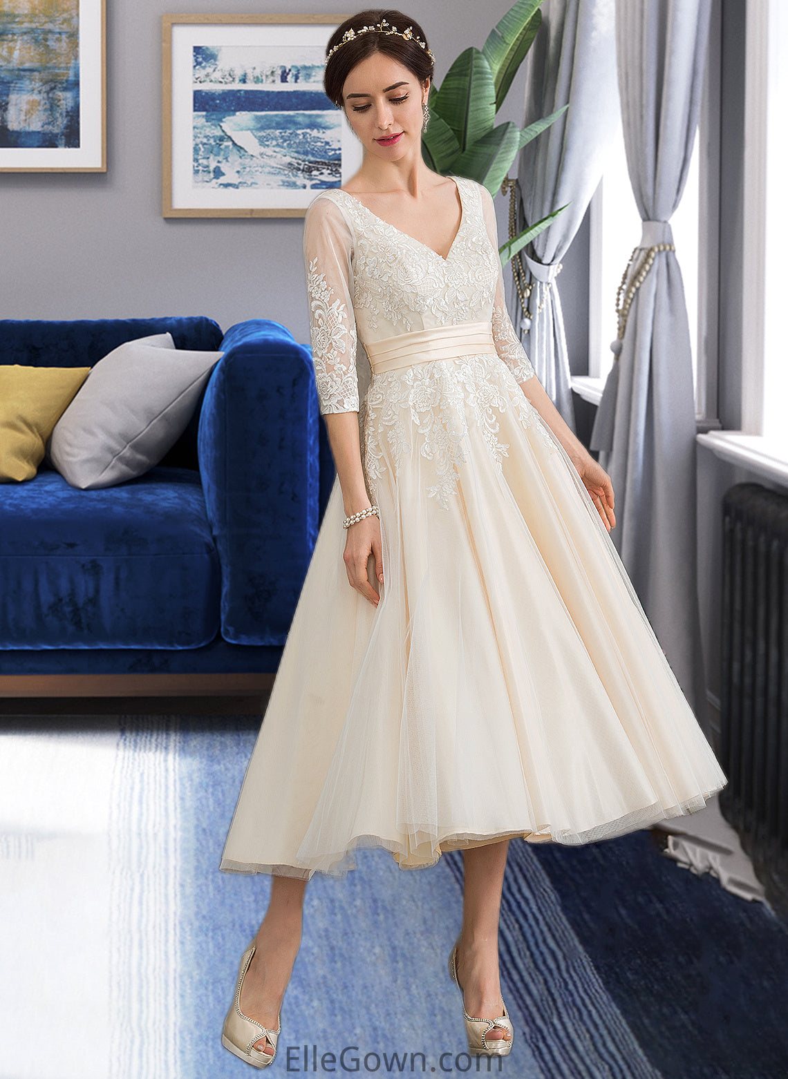 Kiersten Ball-Gown/Princess V-neck Tea-Length Tulle Wedding Dress DEP0013731