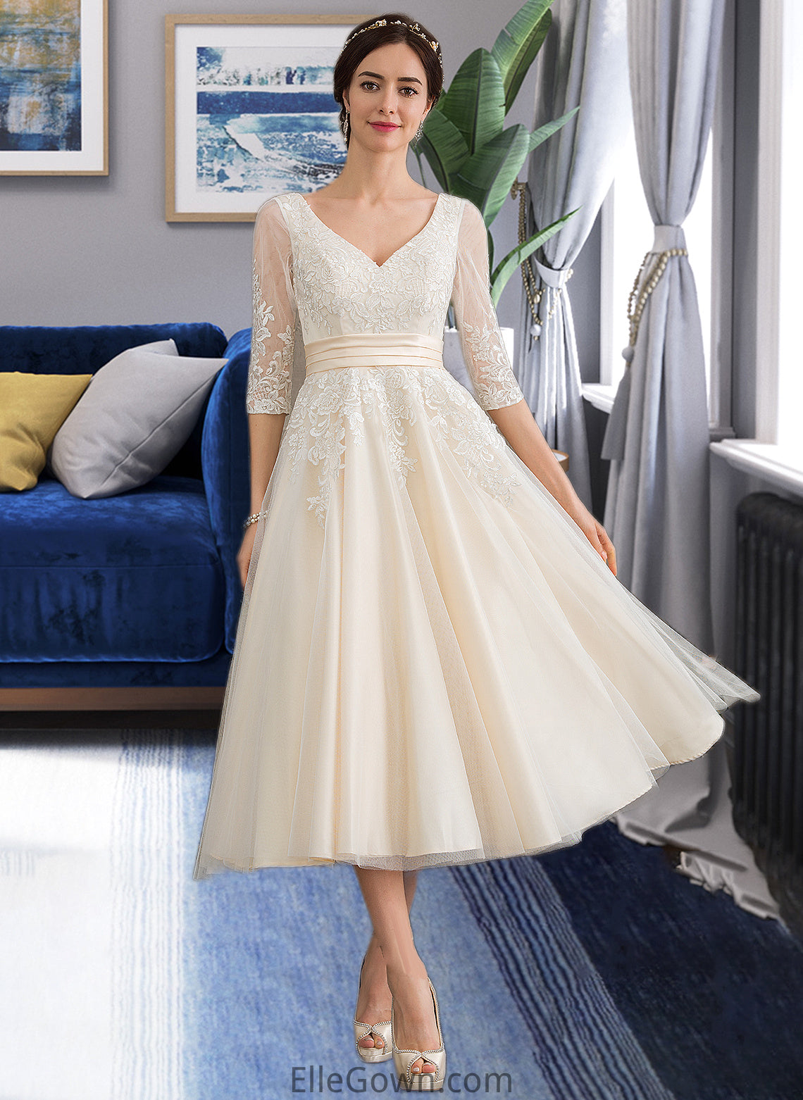 Kiersten Ball-Gown/Princess V-neck Tea-Length Tulle Wedding Dress DEP0013731