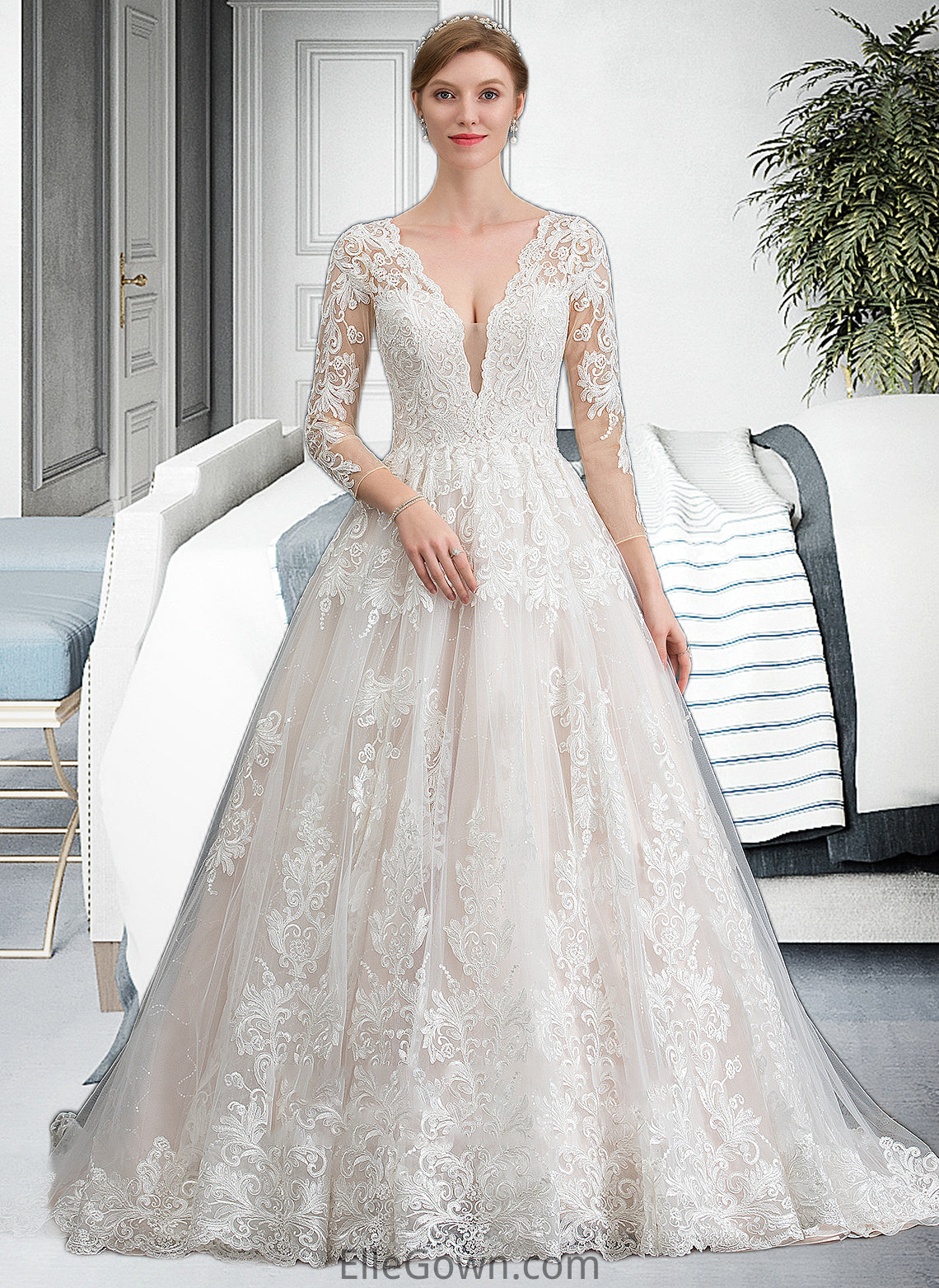 Annika Ball-Gown/Princess V-neck Chapel Train Tulle Wedding Dress DEP0013735