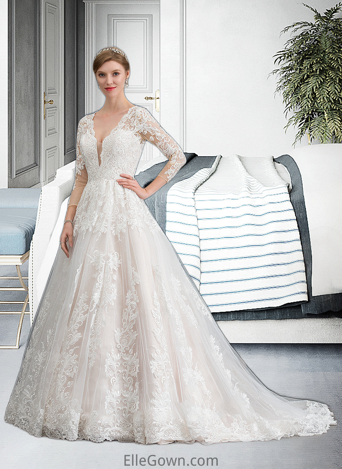 Annika Ball-Gown/Princess V-neck Chapel Train Tulle Wedding Dress DEP0013735